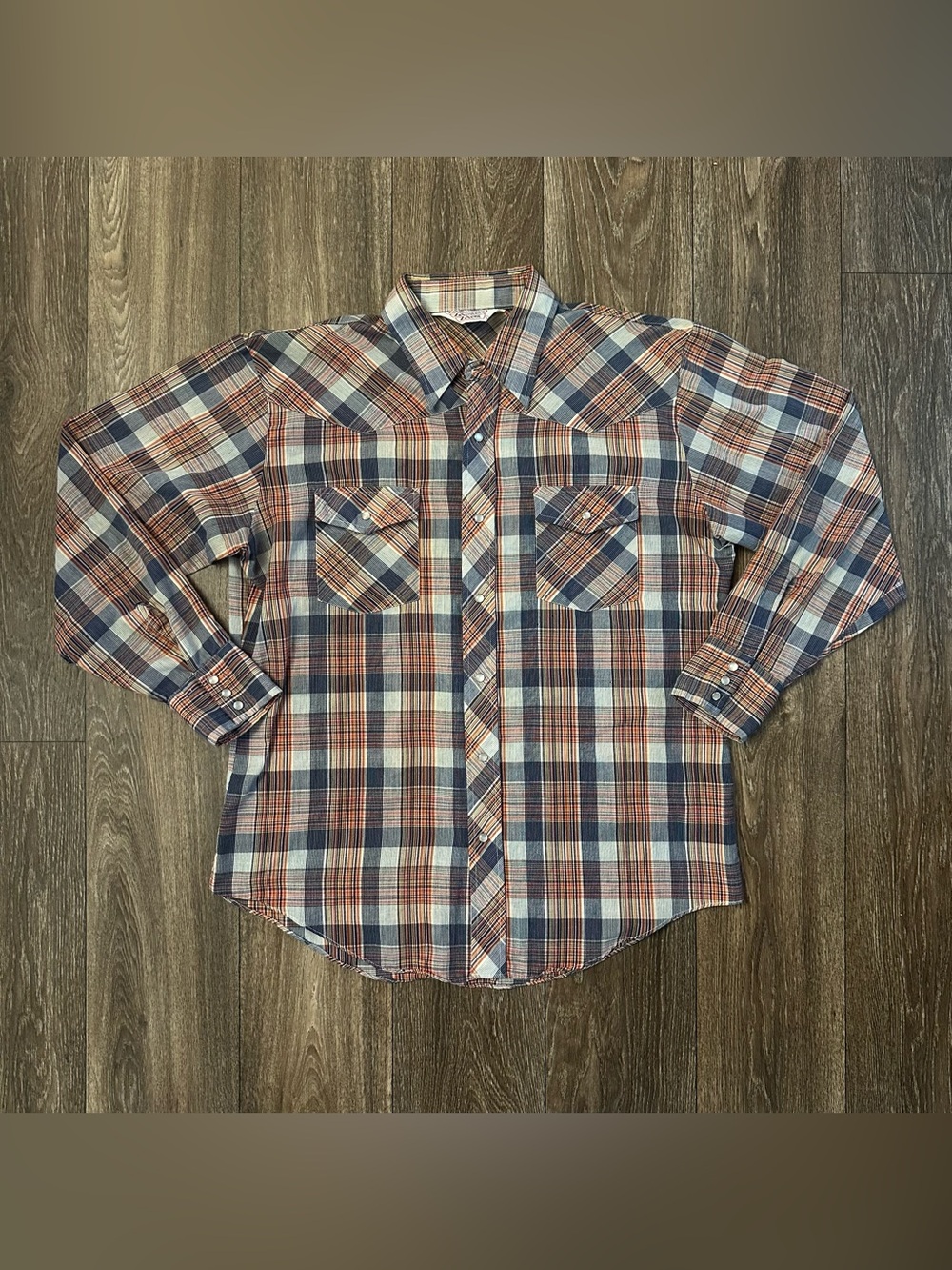 Men’s vintage watchmen western wear pearl snap flannel long sleeve blue/orange